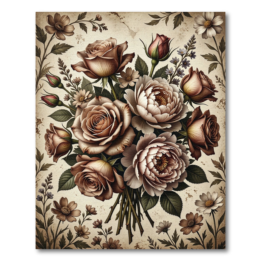 Vintage Coffee Rose Blossom Bouquet Rug