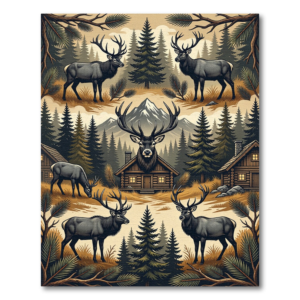Rustic Mountain Elk Pine Forest Scene Rug
