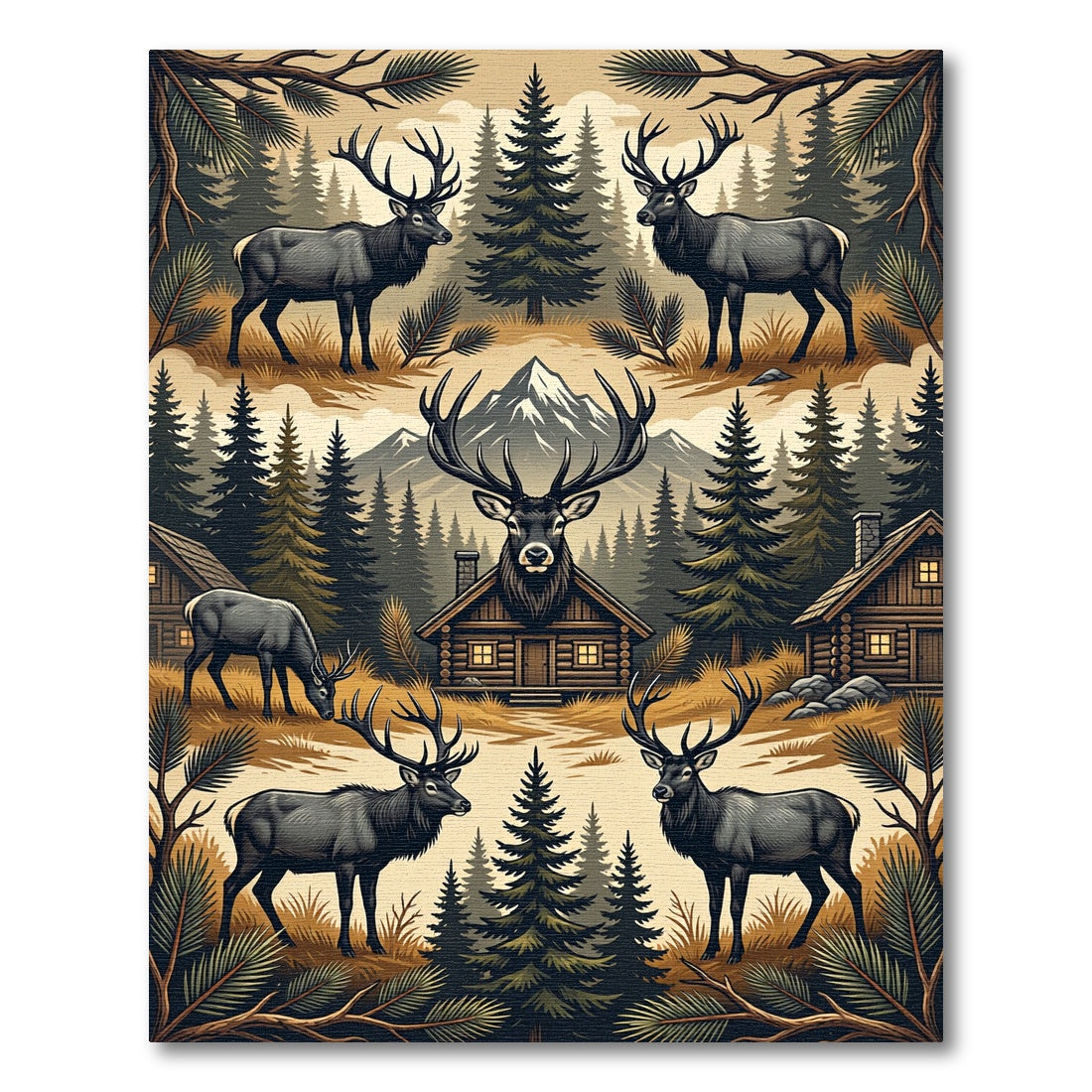 Rustic Mountain Elk Pine Forest Scene Rug