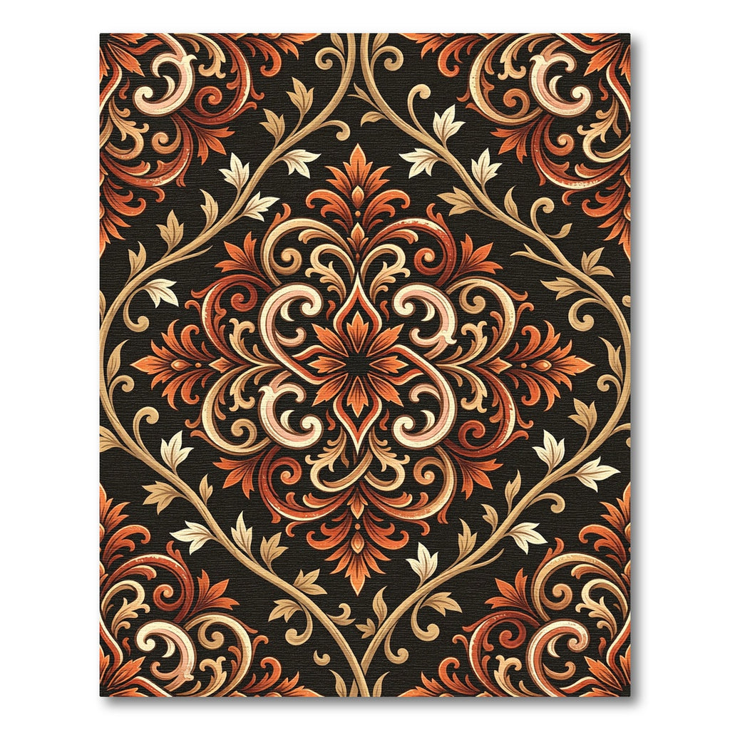 Vintage Black Orange Floral Swirl Rug