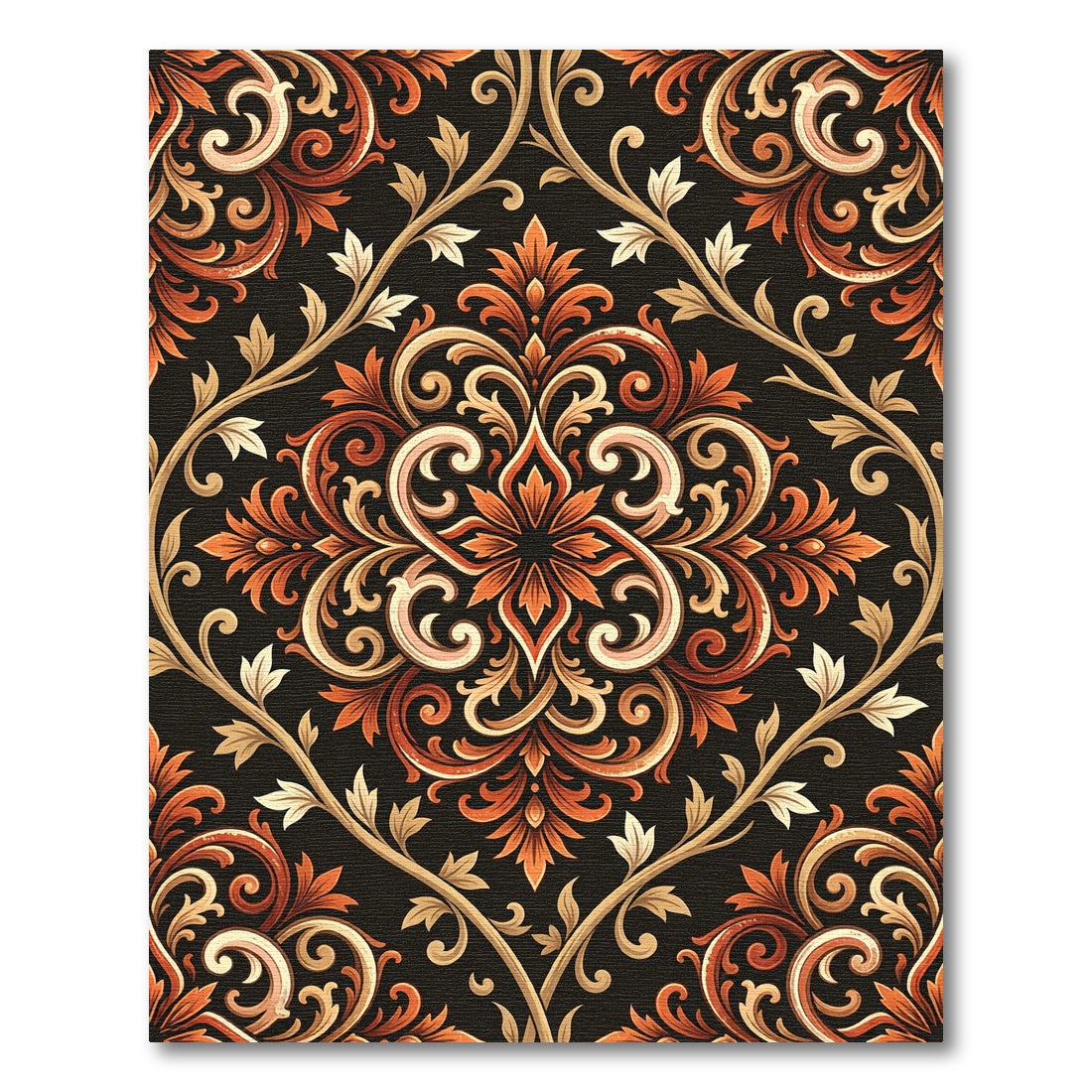 Vintage Black Orange Floral Swirl Rug