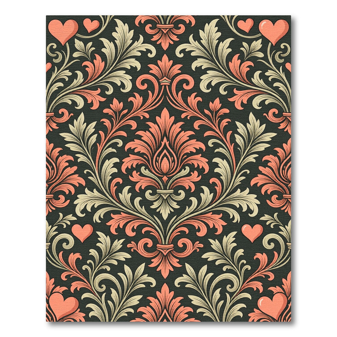 Coral Hearts Cream Damask Vines Rug
