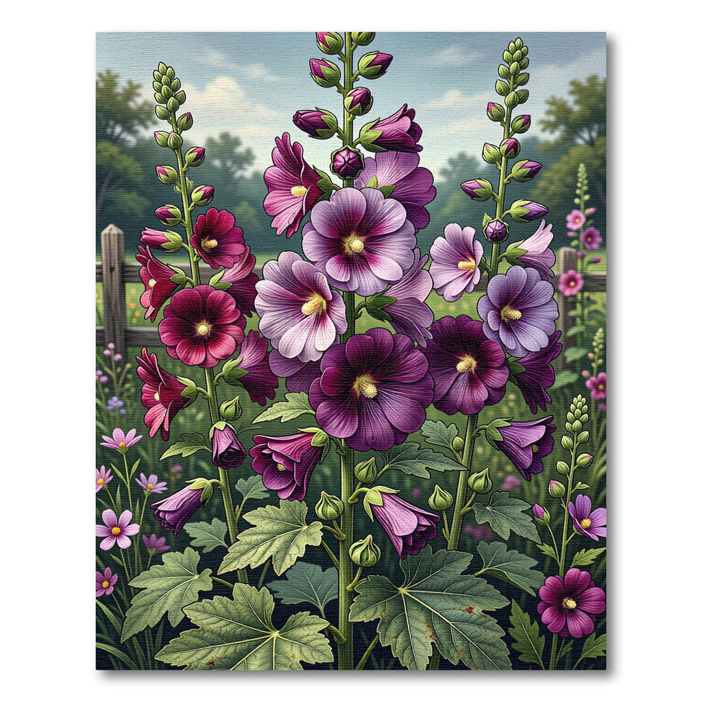 Vibrant Purple Hollyhock Floral Garden Rug