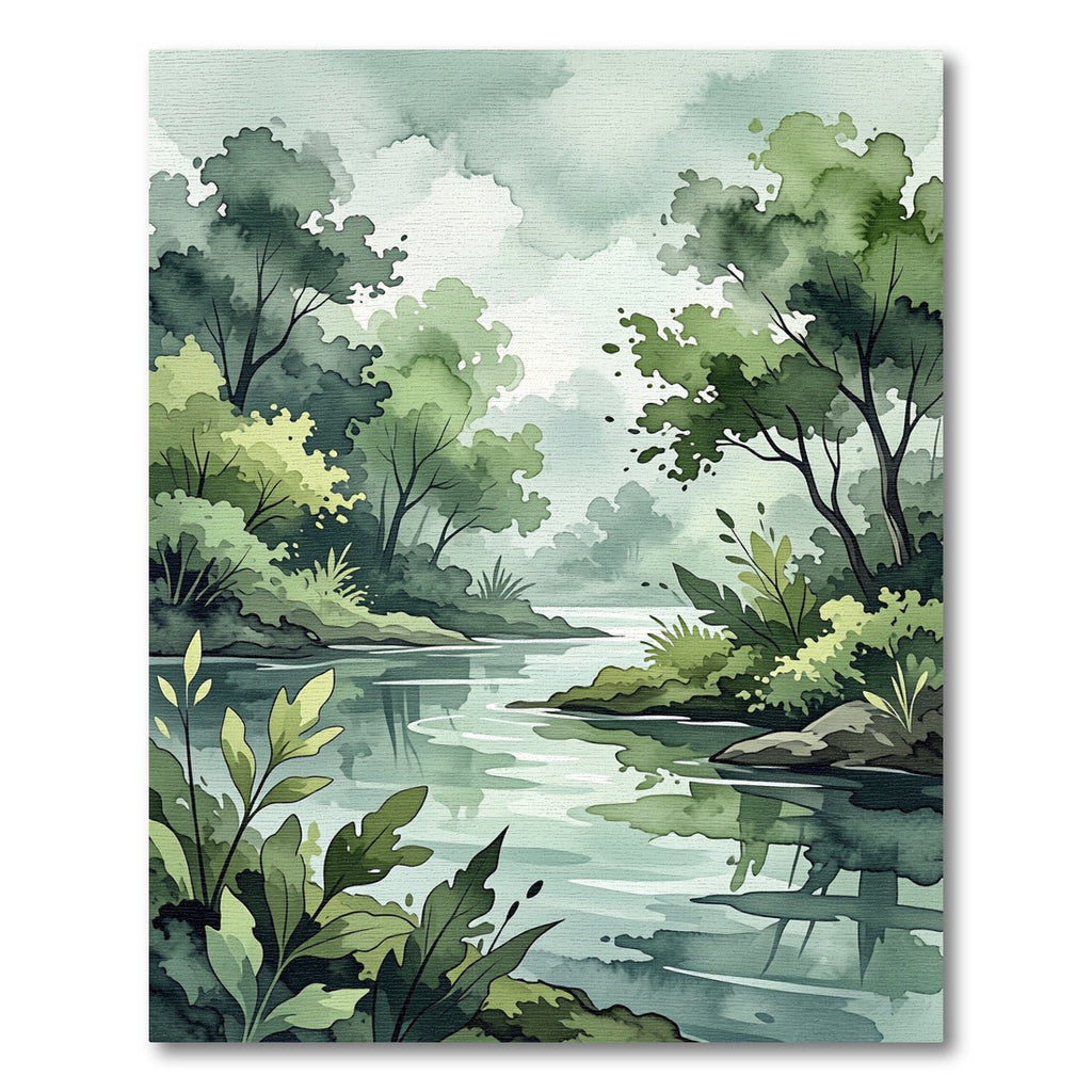 Watercolor Forest River Landscape Rug