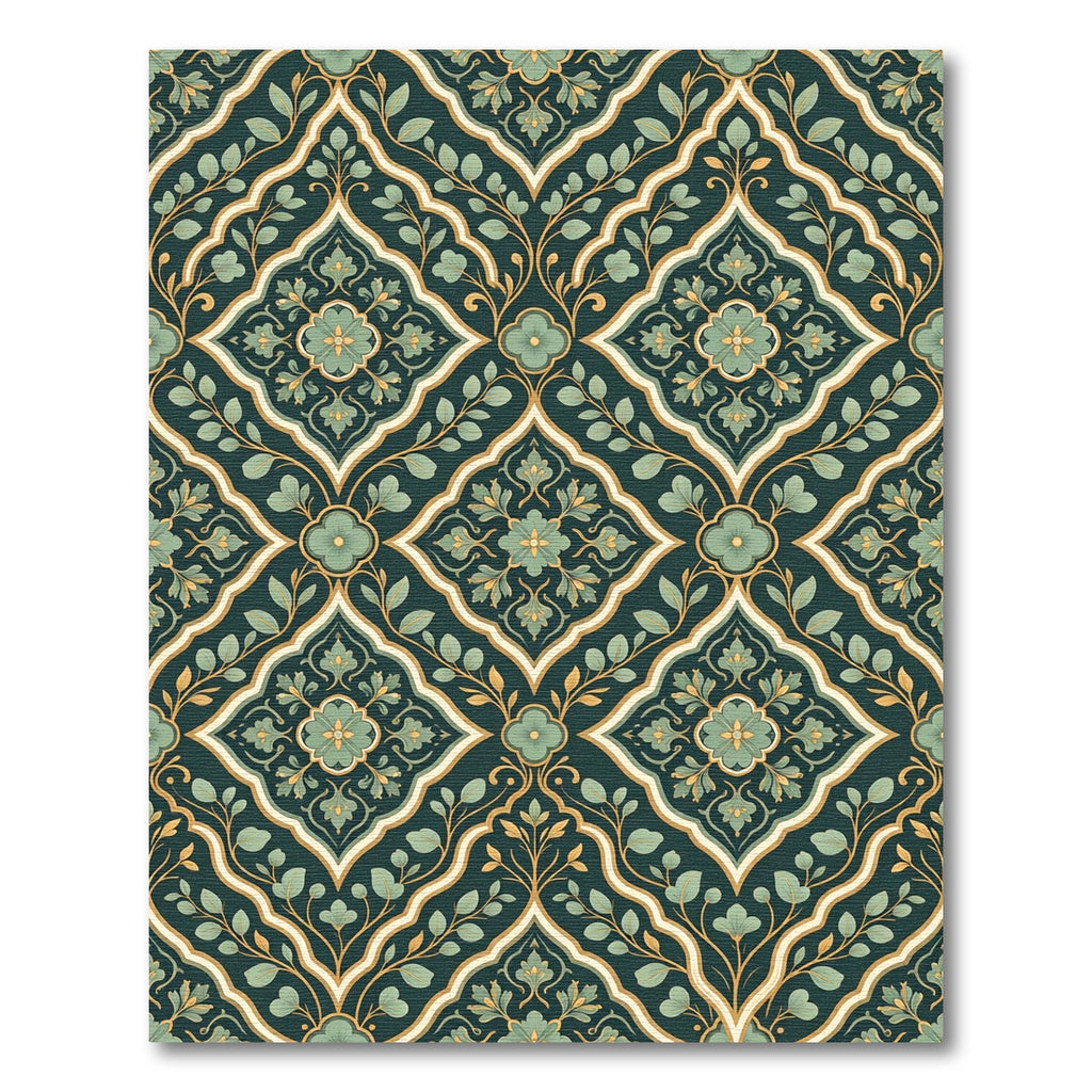 Deep Teal Floral Lattice Medallion Rug