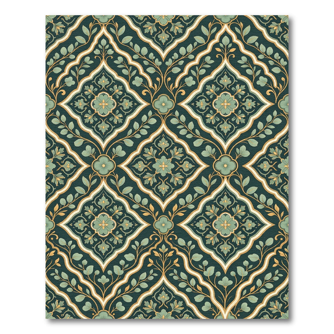 Deep Teal Floral Lattice Medallion Rug