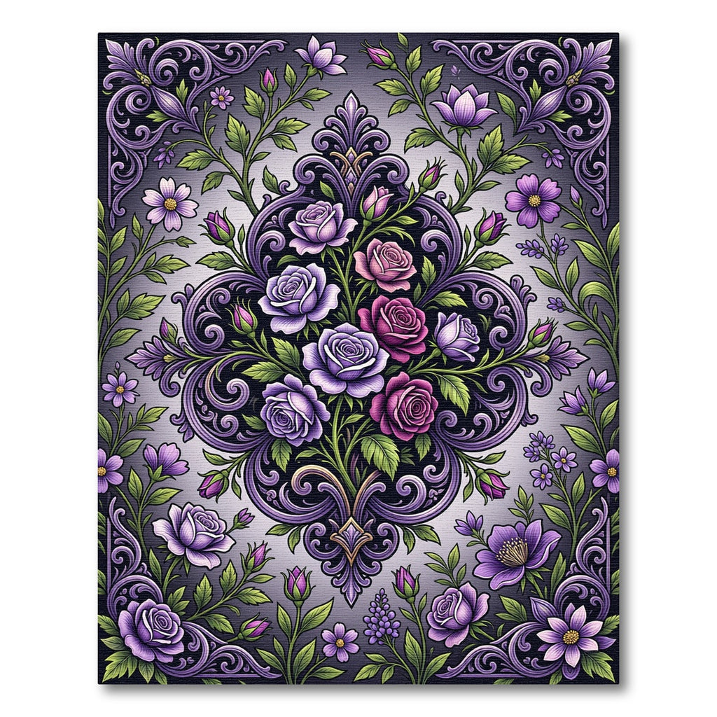 Elegant Violet Rose Damask Floral Rug