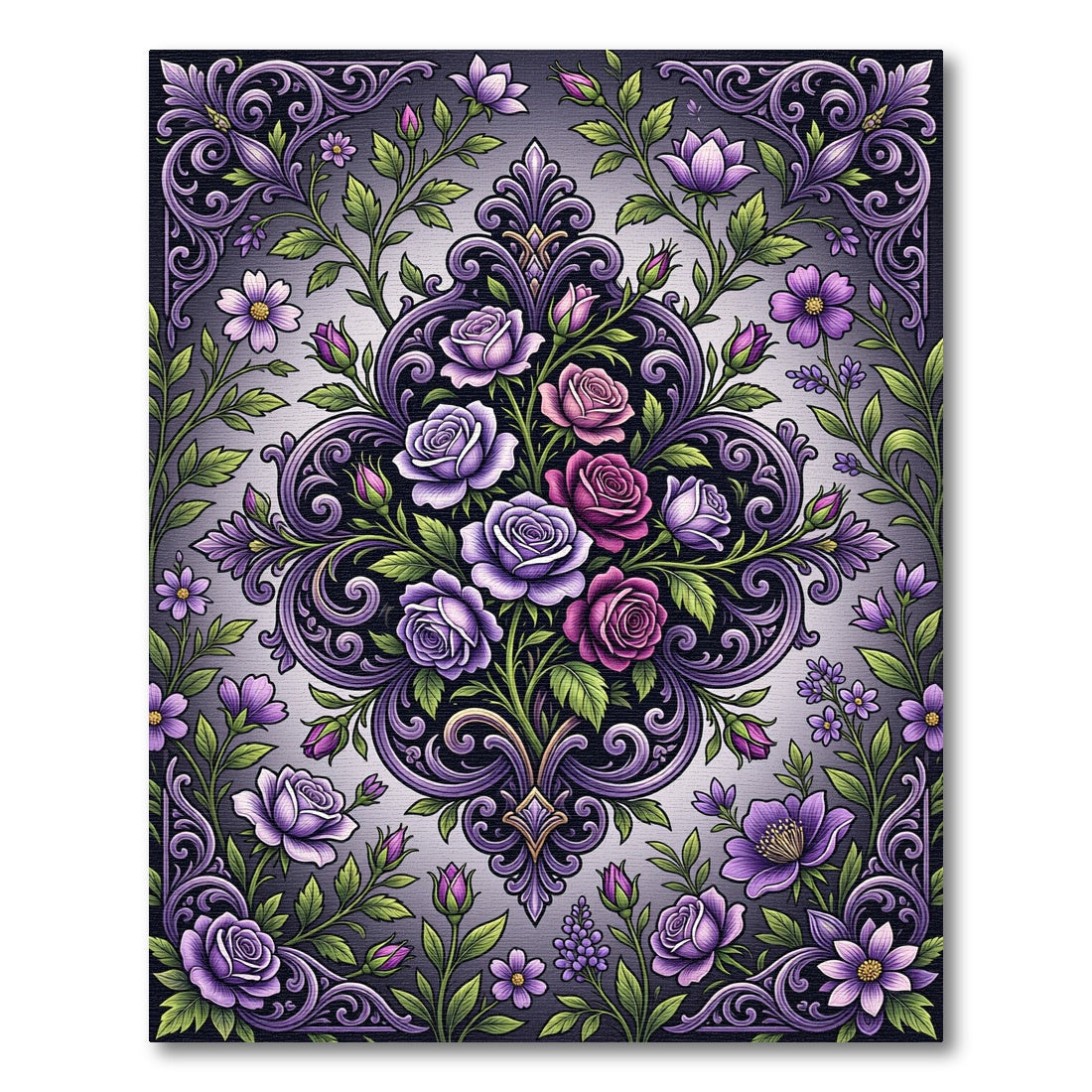 Elegant Violet Rose Damask Floral Rug