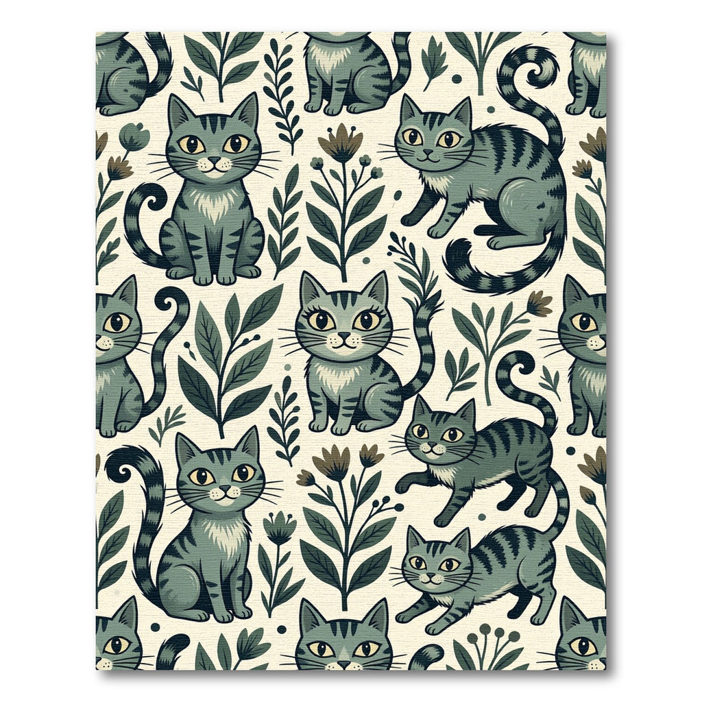 Whimsical Sage Gray Tabby Cat Floral Rug