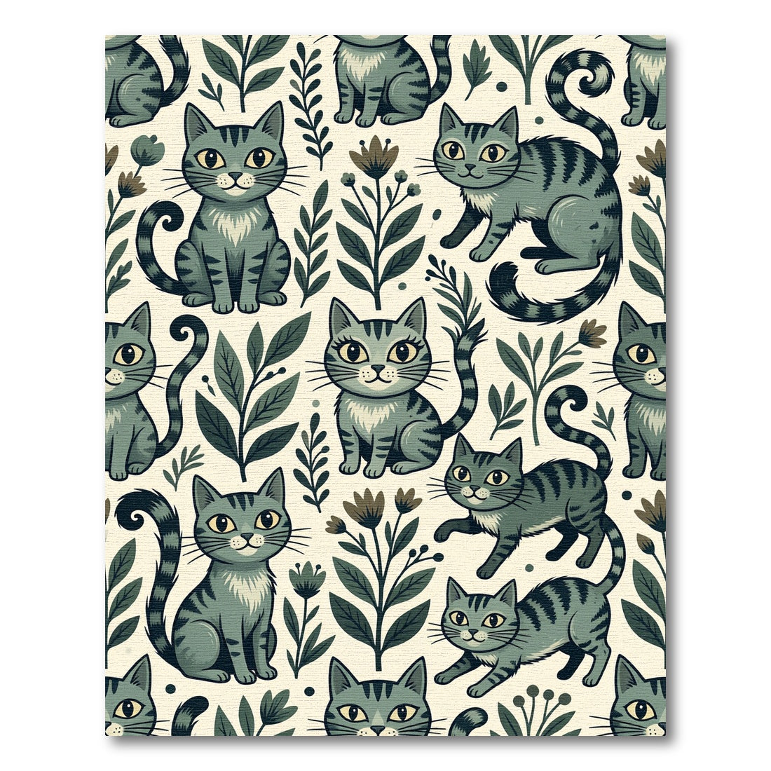 Whimsical Sage Gray Tabby Cat Floral Rug