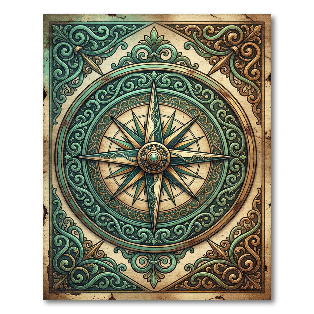 Vintage Emerald Compass Gold Scroll Rug