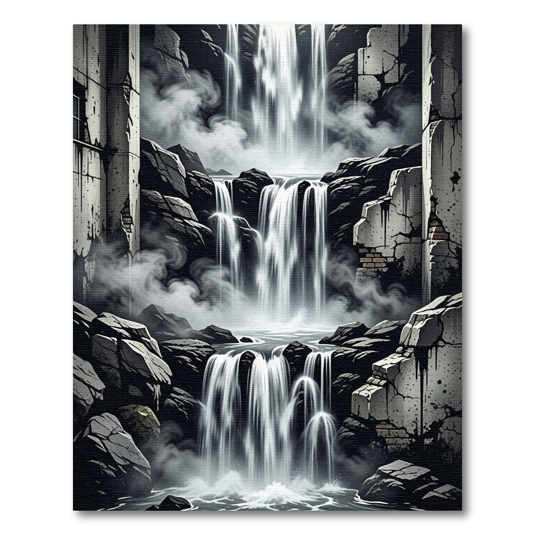 Dramatic Gray Waterfalls Amidst Ruins Rug
