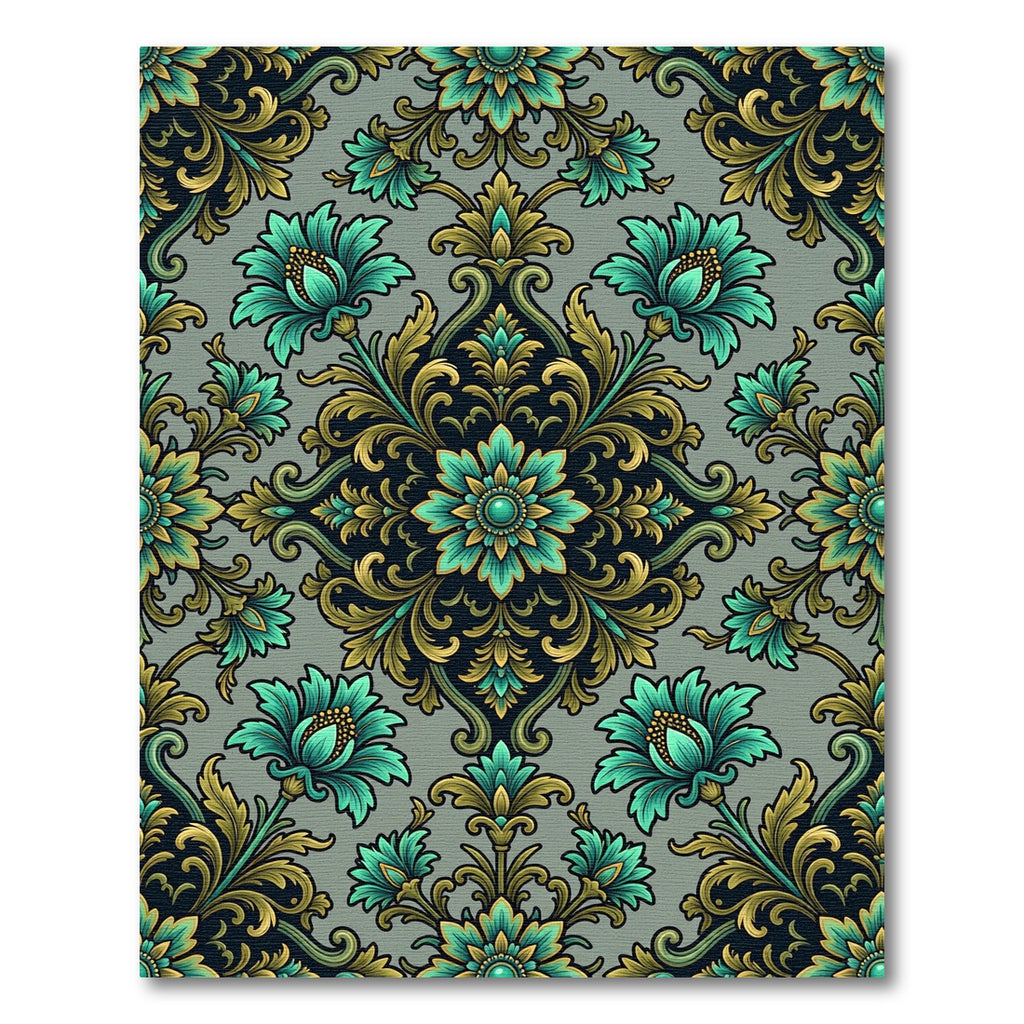Aqua Gold Floral Damask Rug