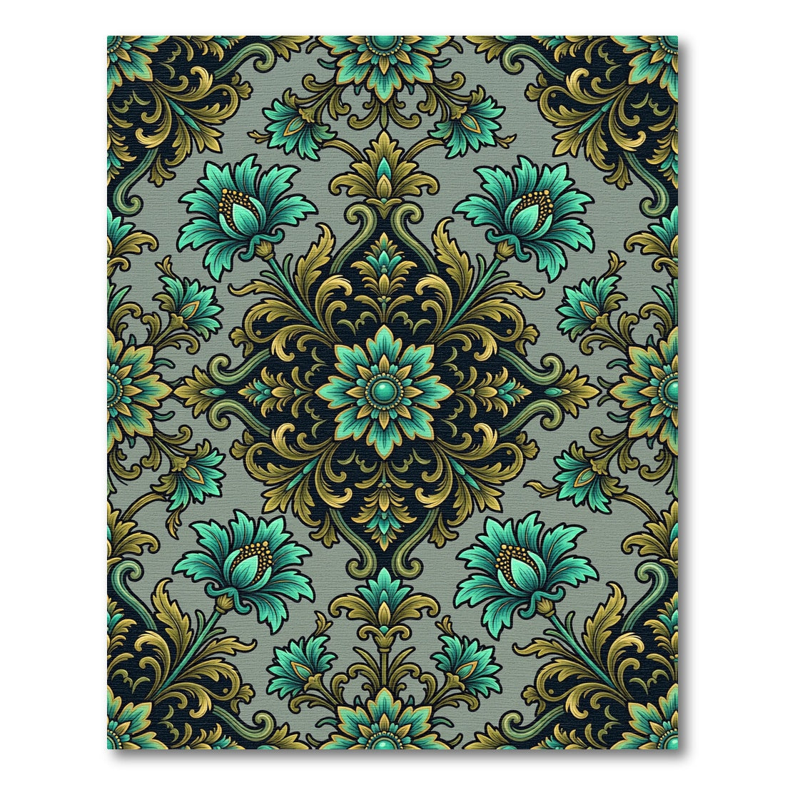 Aqua Gold Floral Damask Rug