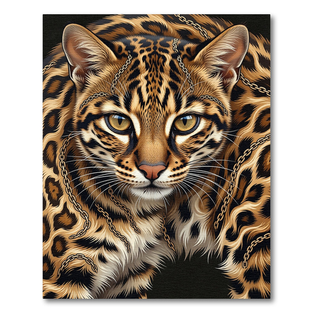 Elegant Gold Chain Ocelot Portrait Rug