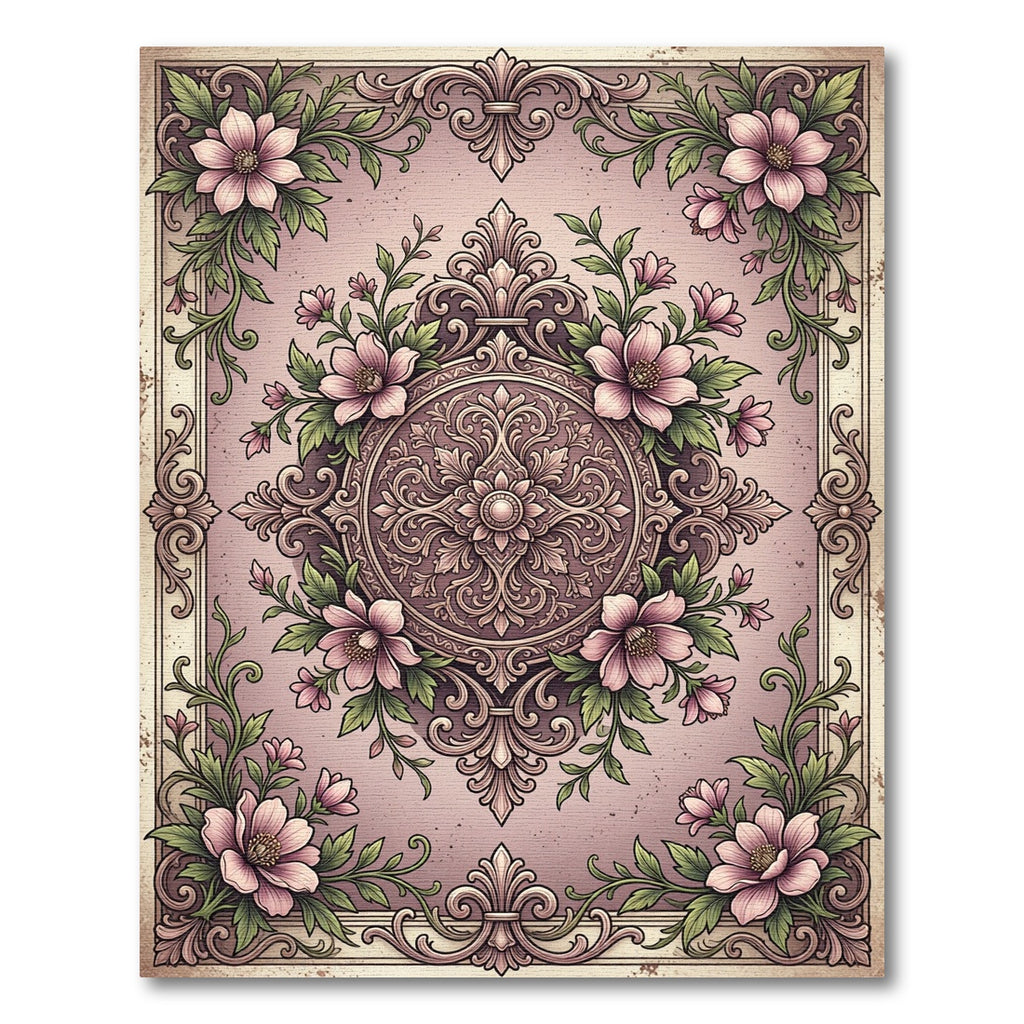 Pink Floral Medallion Garden Scene Rug