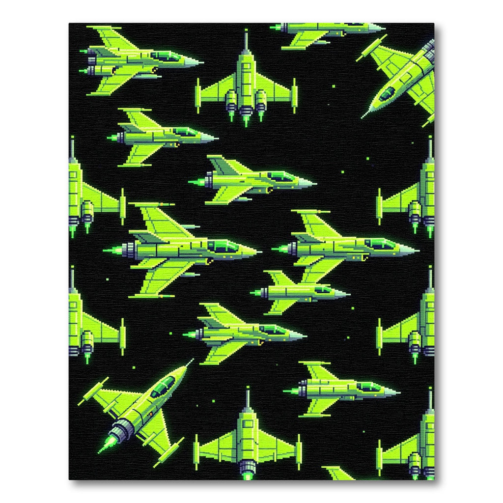 Neon Green Pixel Art Spaceship Fleet Rug