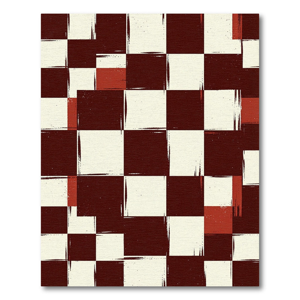 Distressed Burgundy and Cream Checkered Grid Rug