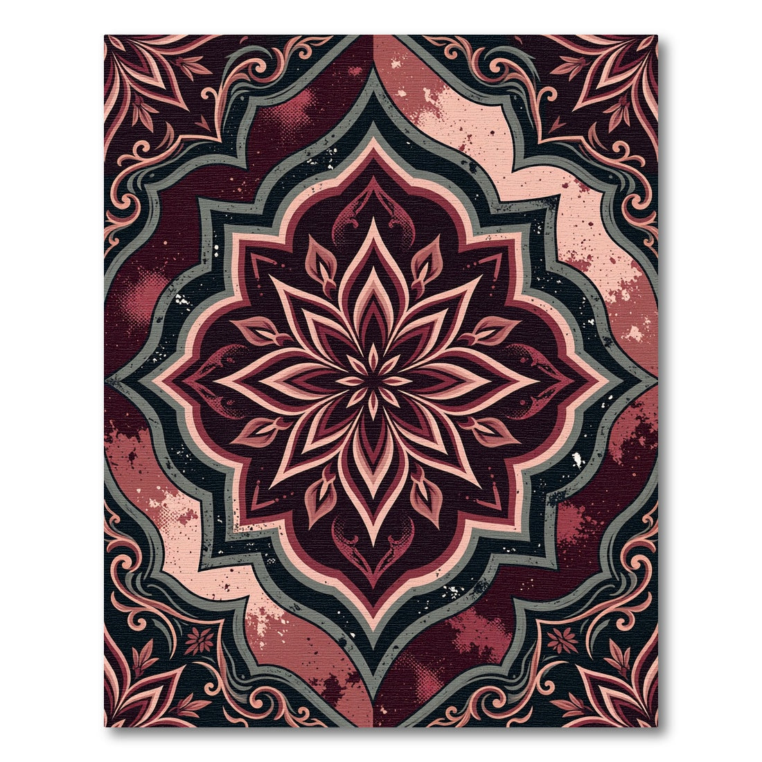 Ornate Crimson Floral Damask Mandala Rug