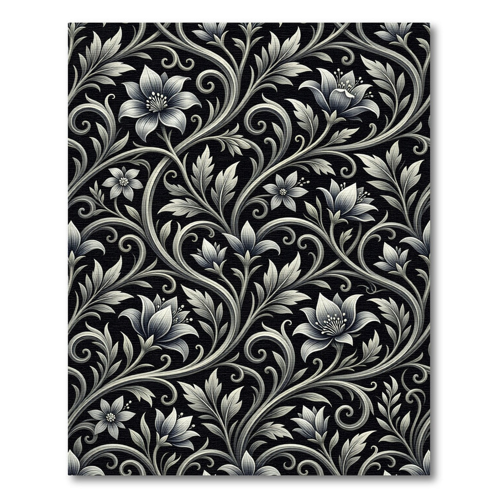 Ornate Black Floral Scrollwork Rug