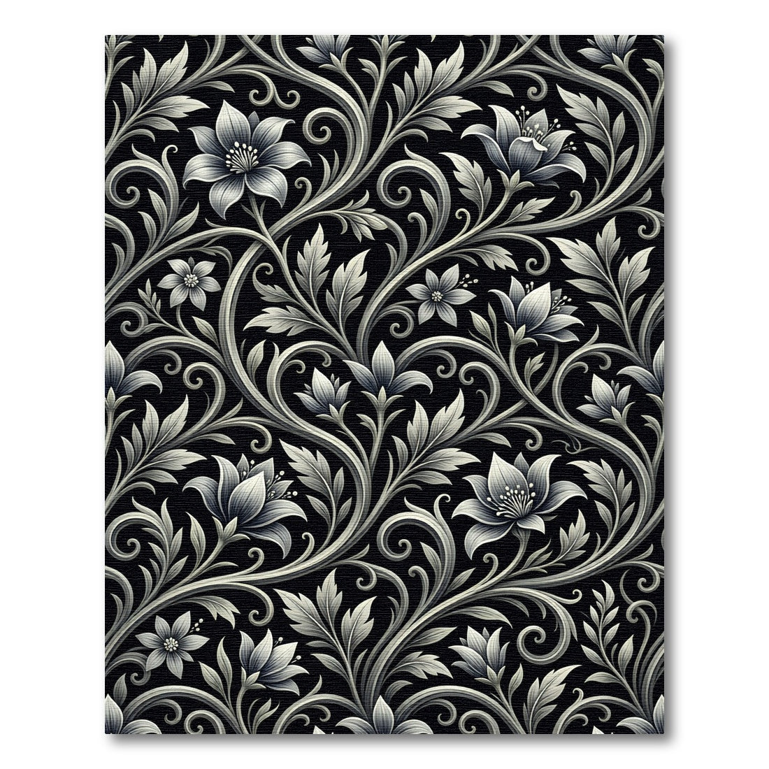 Ornate Black Floral Scrollwork Rug