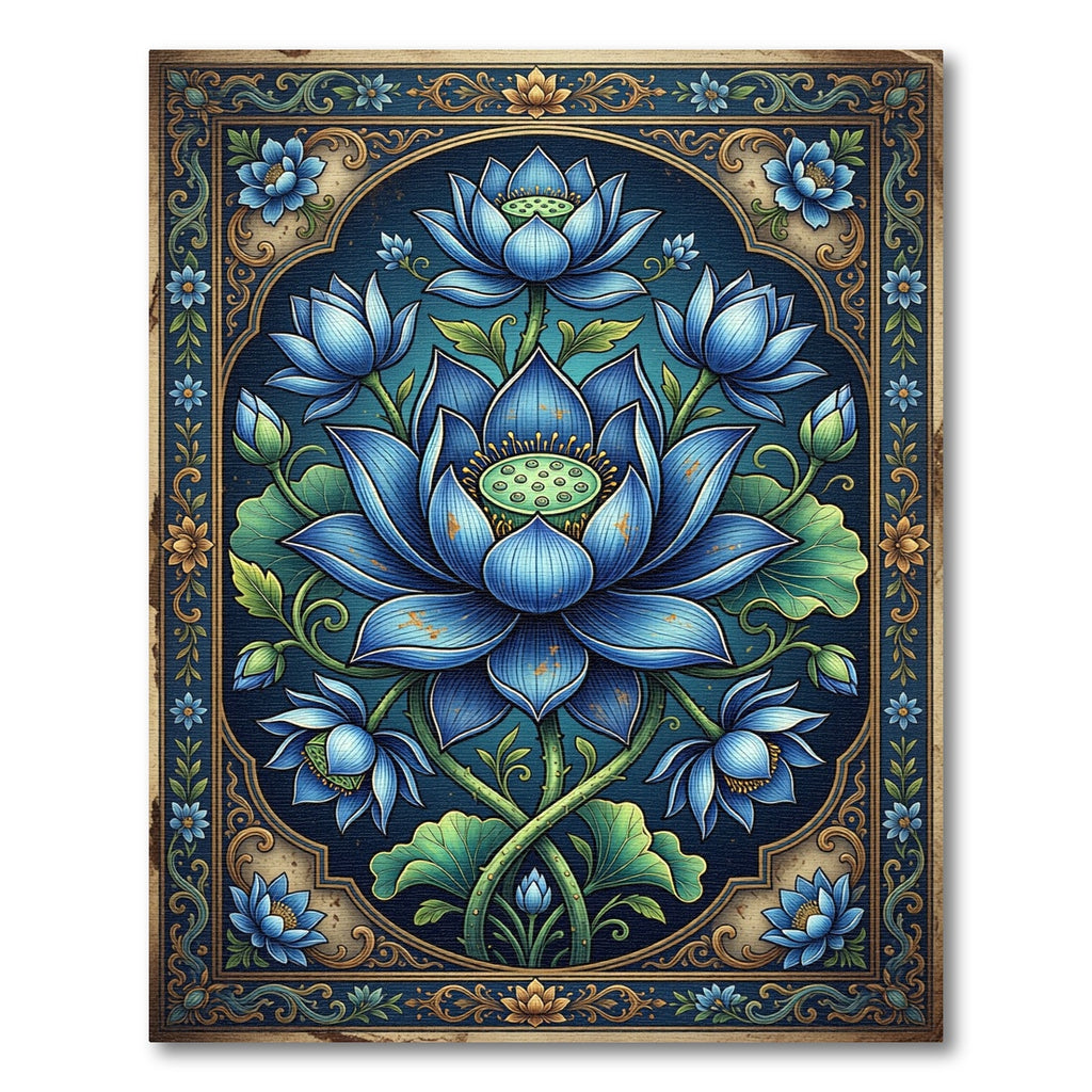Ornate Blue Lotus Botanical Art Rug