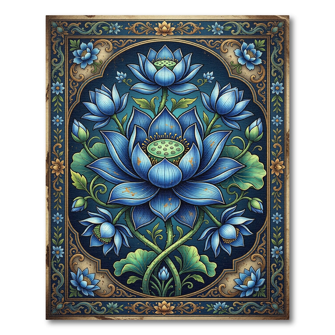 Ornate Blue Lotus Botanical Art Rug