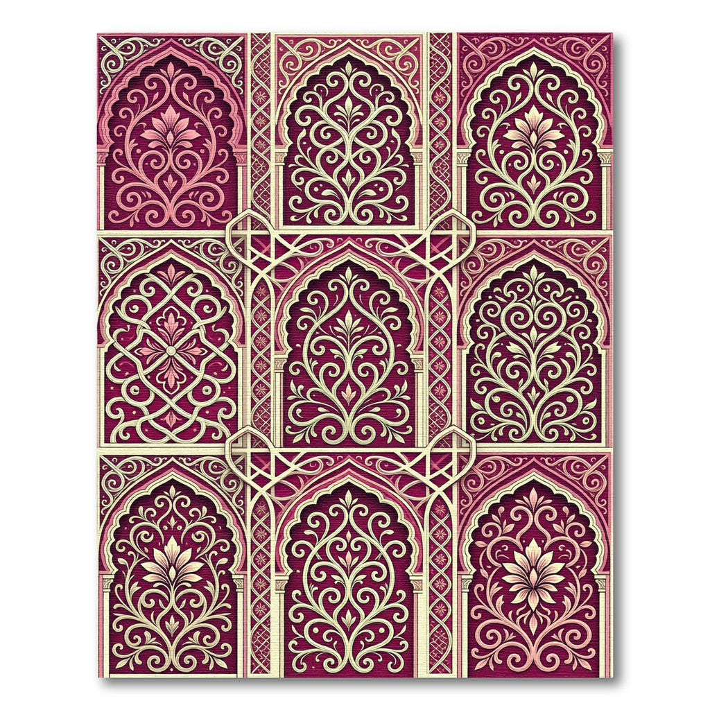 Ornate Burgundy Floral Damask Arch Rug