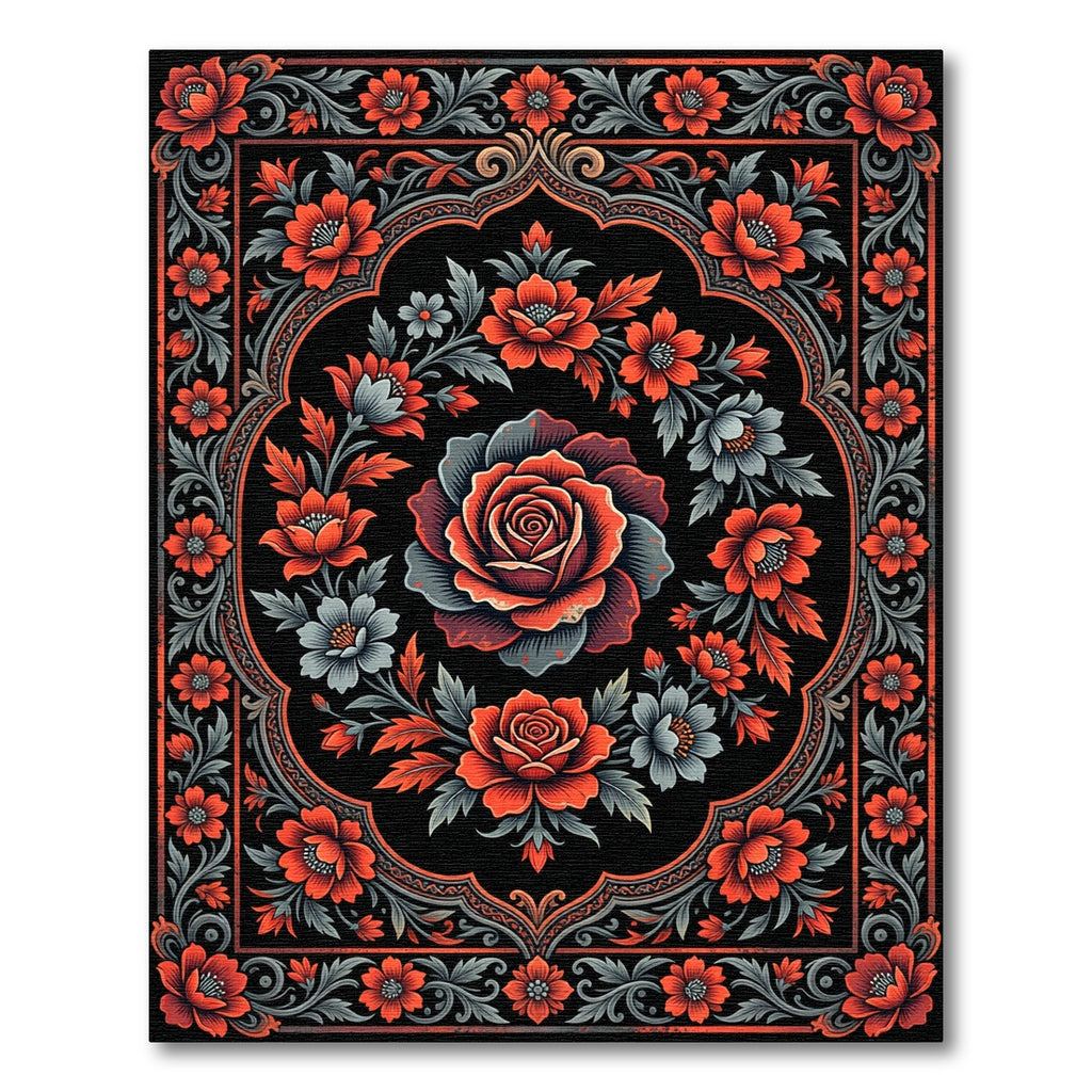 Dark Floral Rose Medallion Rug