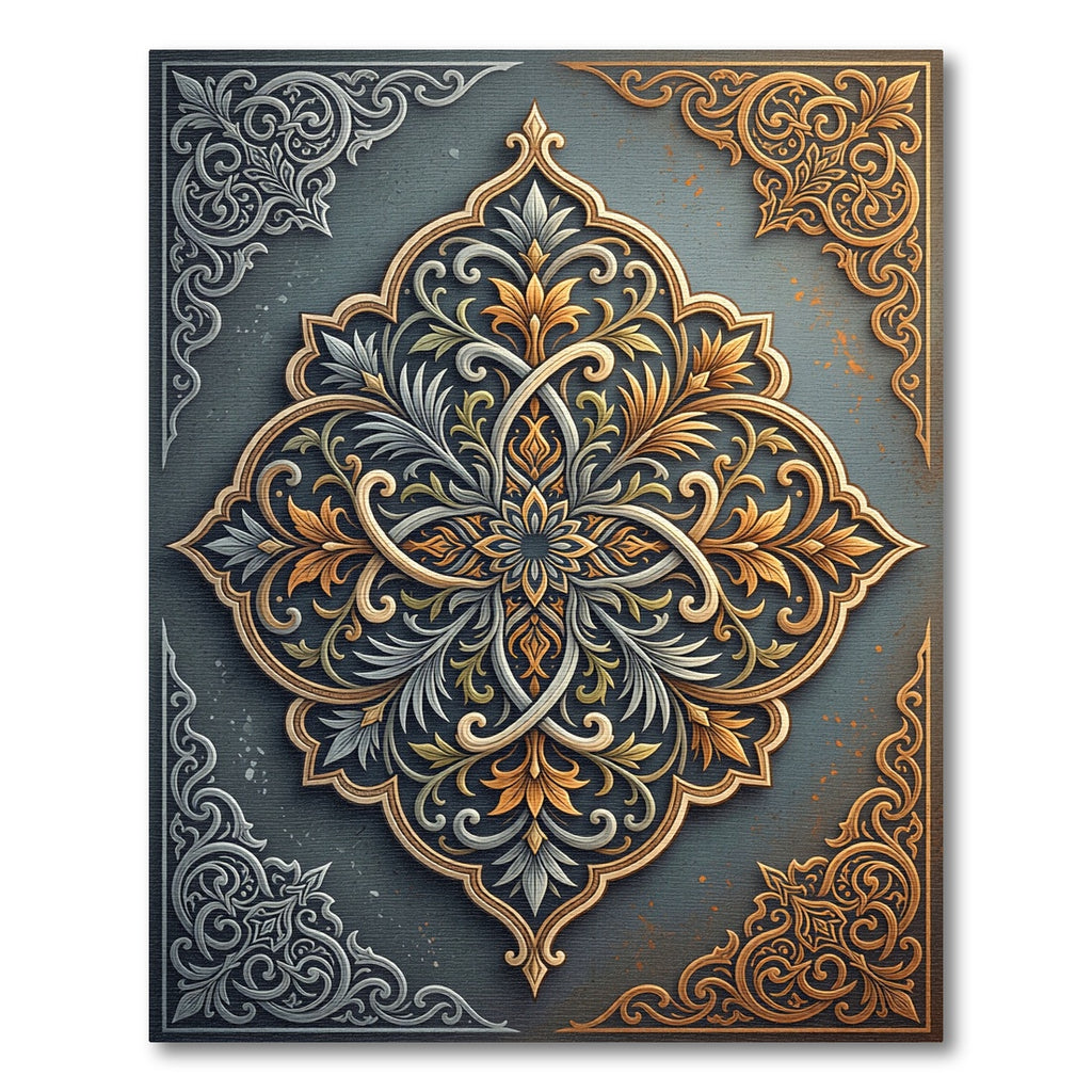 Elegant Gold Silver Filigree Medallion Rug