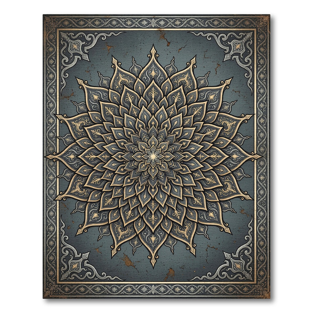 Elegant Slate and Gold Floral Mandala Rug