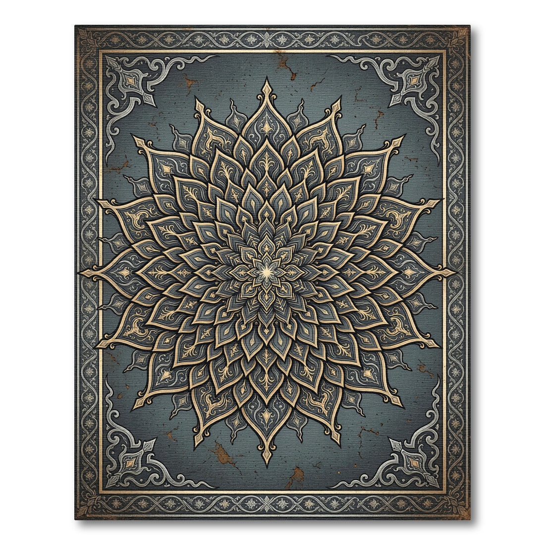 Elegant Slate and Gold Floral Mandala Rug