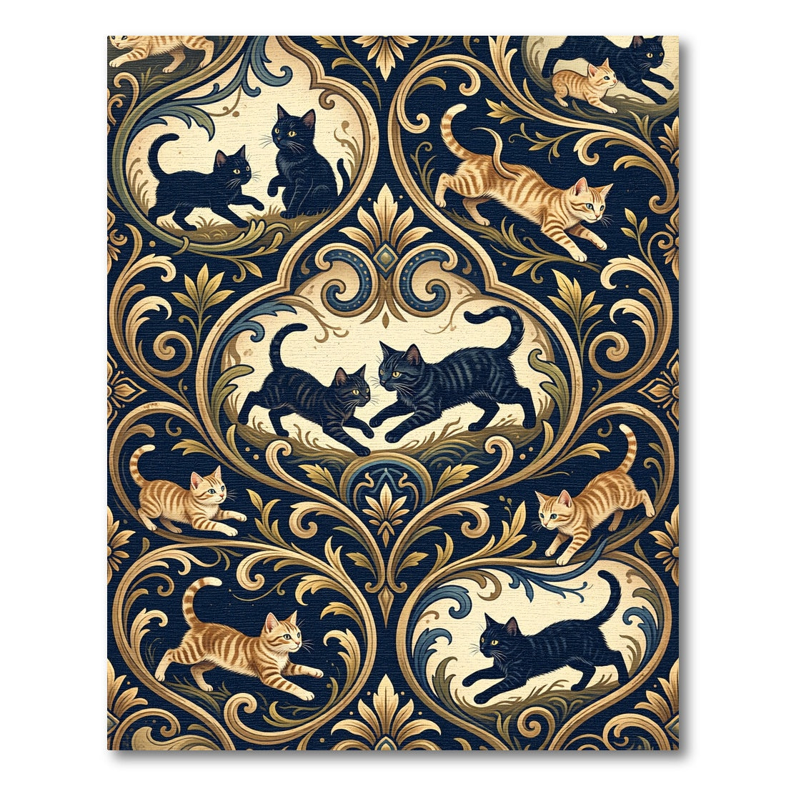 Elegant Navy Damask Cat Medallion Rug