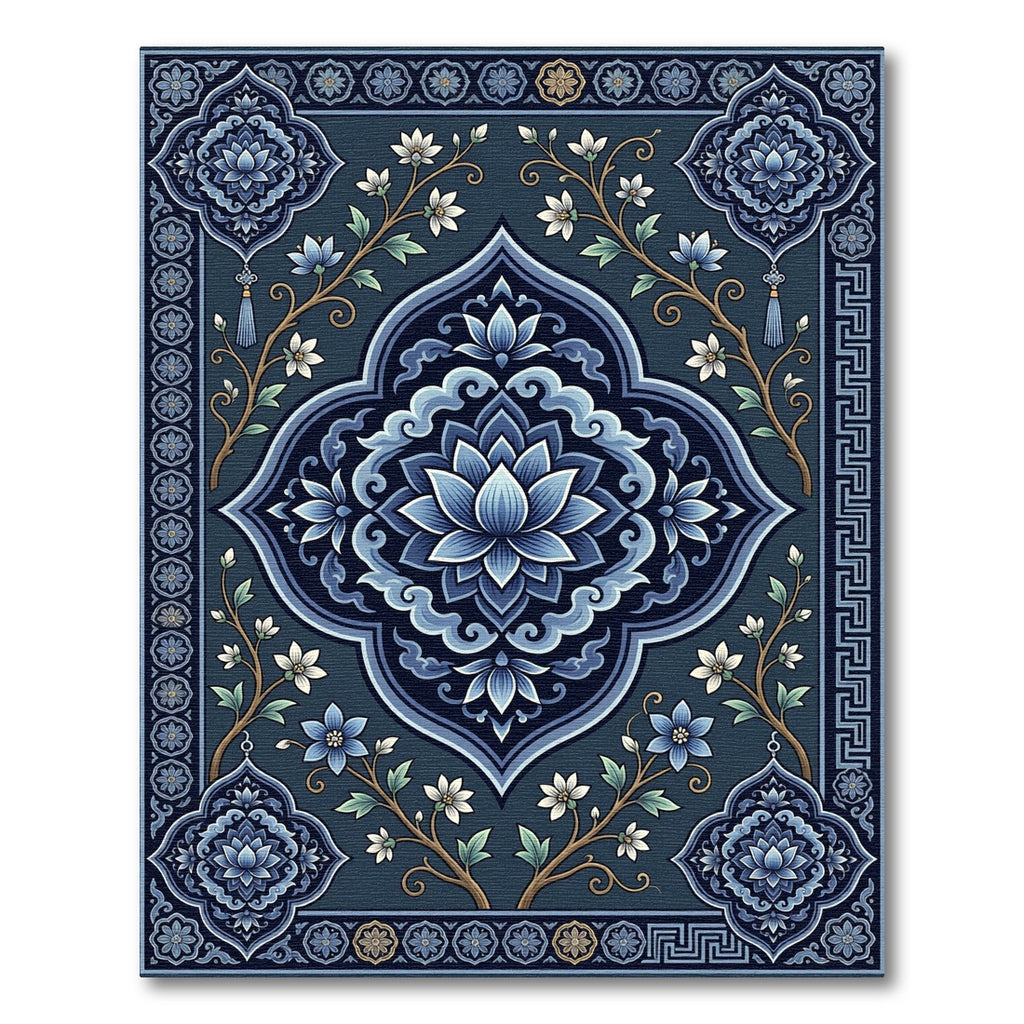 Elegant Navy Blue Floral Lotus Medallion Rug