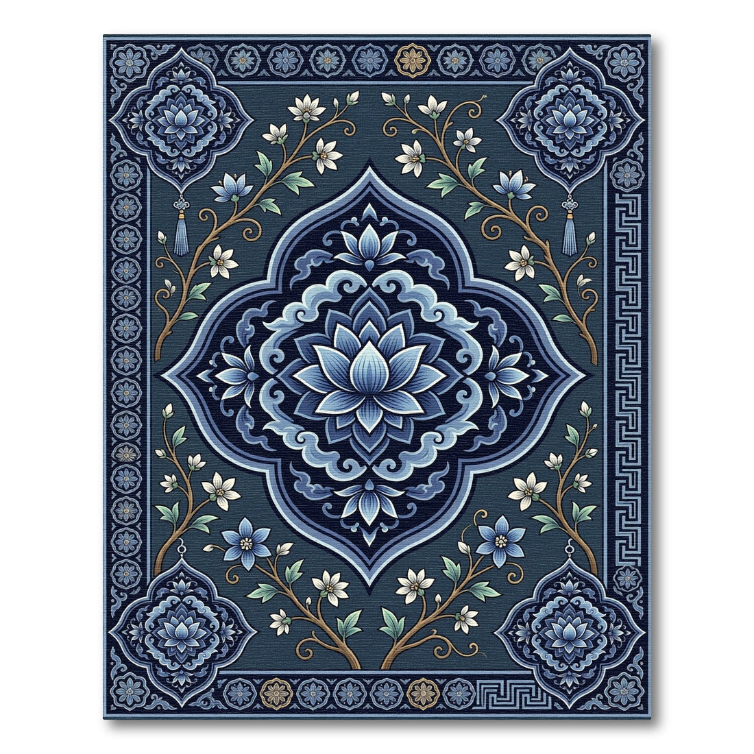 Elegant Navy Blue Floral Lotus Medallion Rug