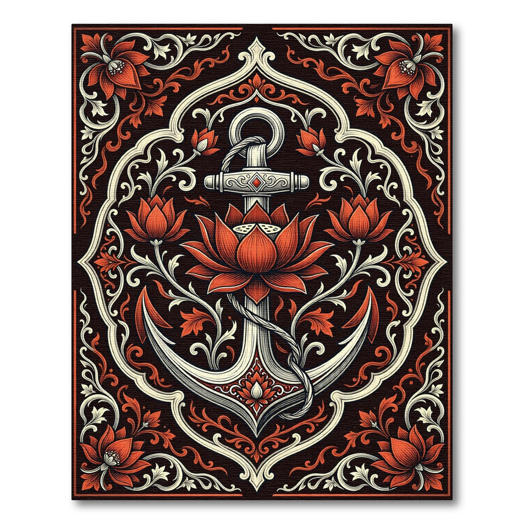 Ornate Crimson Lotus Anchor Tapestry Rug