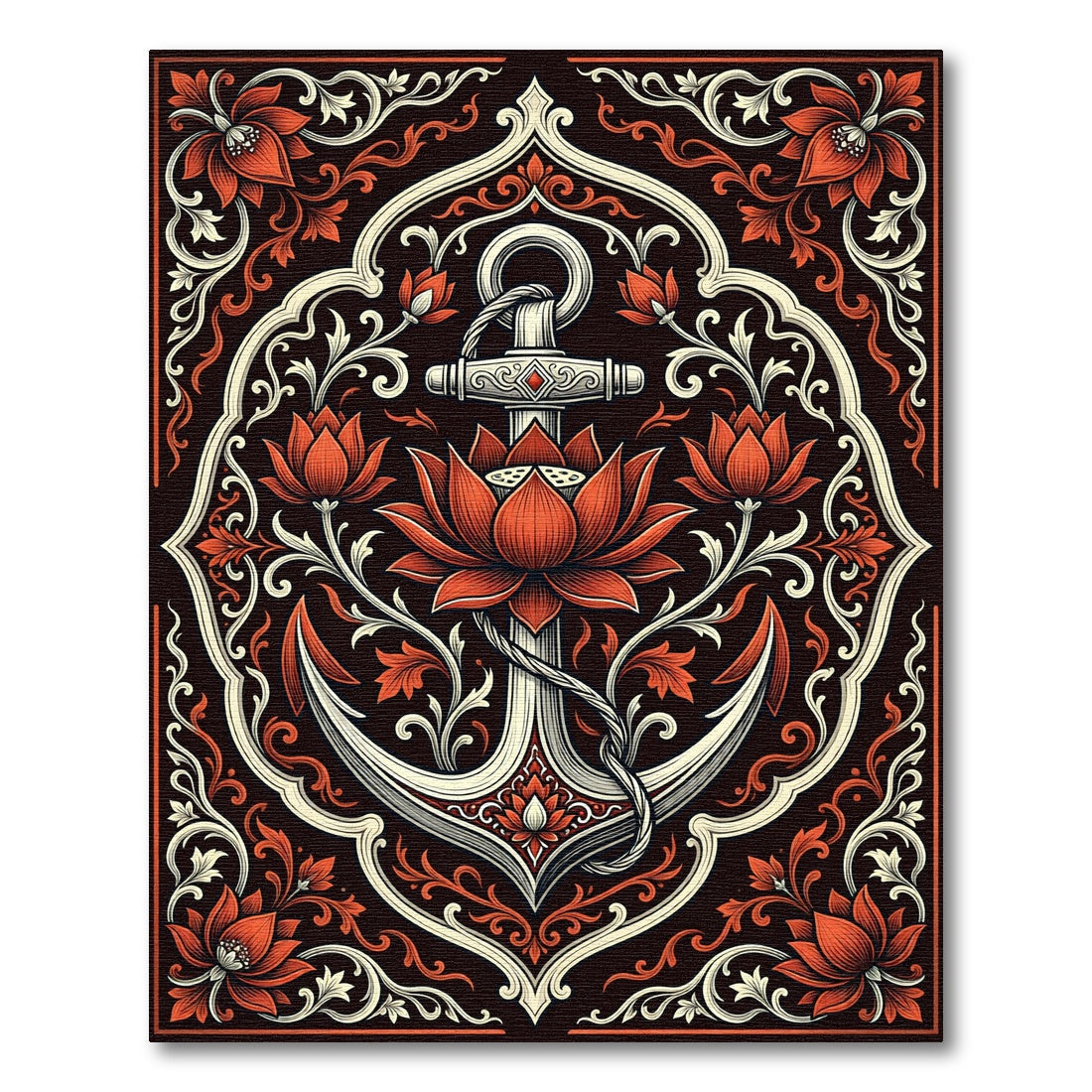 Ornate Crimson Lotus Anchor Tapestry Rug