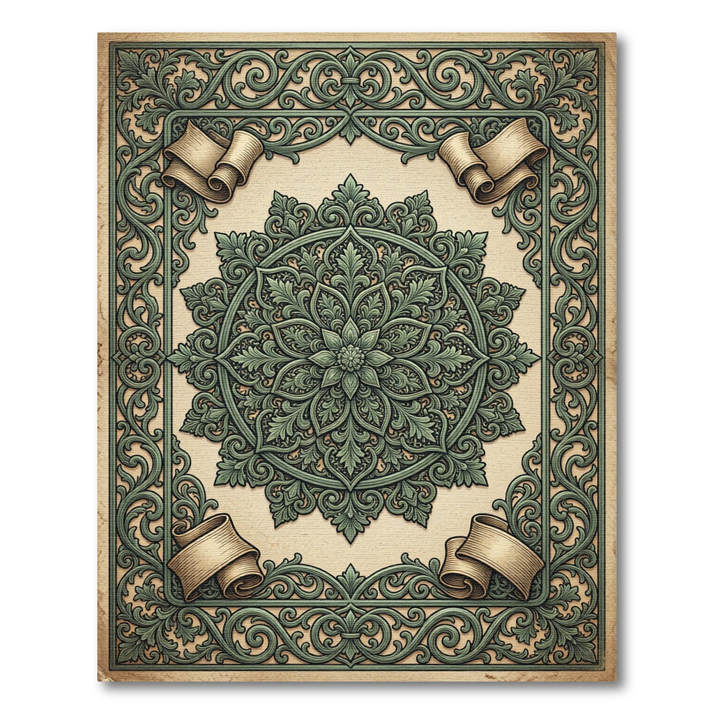Ornate Sage Green Floral Medallion Scroll Rug