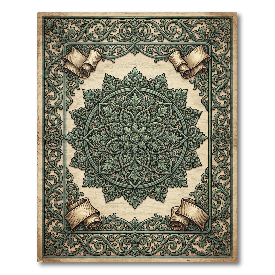 Ornate Sage Green Floral Medallion Scroll Rug