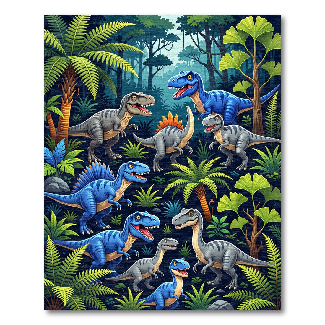 Vibrant Blue Dinosaur Jungle Landscape Rug