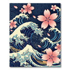 Japanese Wave with Pink Cherry Blossoms Rug