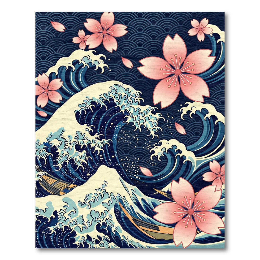 Japanese Wave with Pink Cherry Blossoms Rug