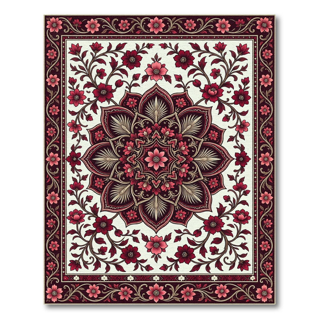 Elegant Deep Red Floral Mandala Art Rug