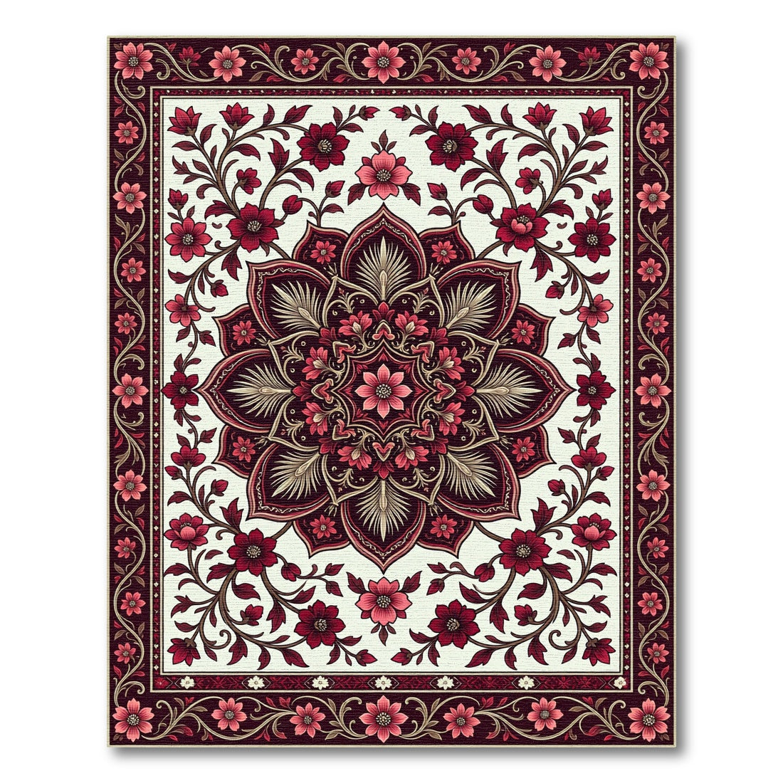 Elegant Deep Red Floral Mandala Art Rug