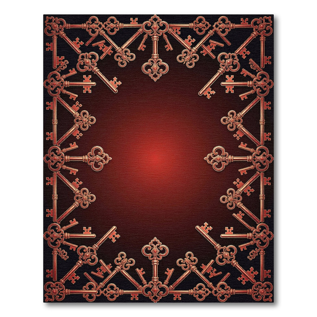 Ornate Copper Keys Bordered Red Rug