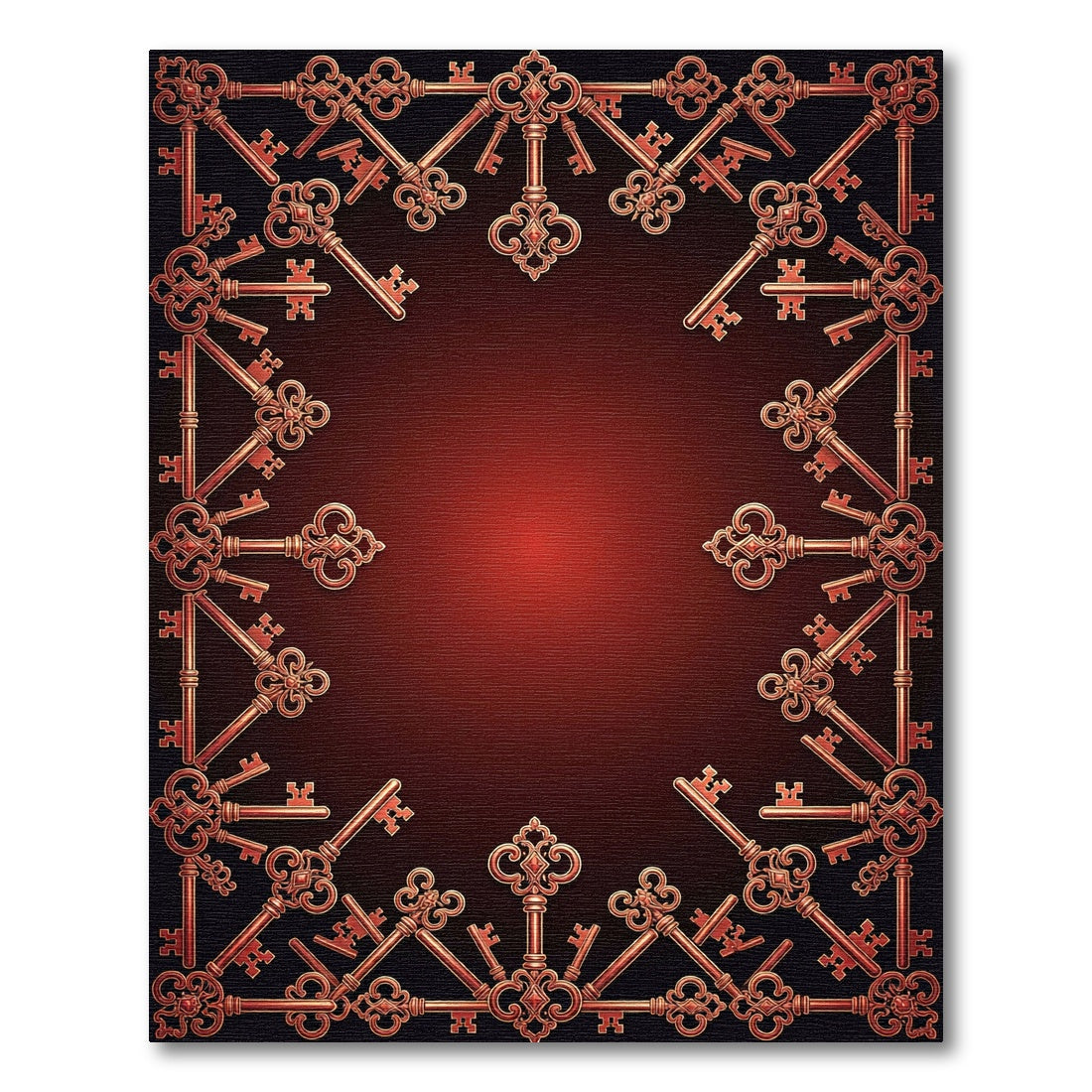 Ornate Copper Keys Bordered Red Rug