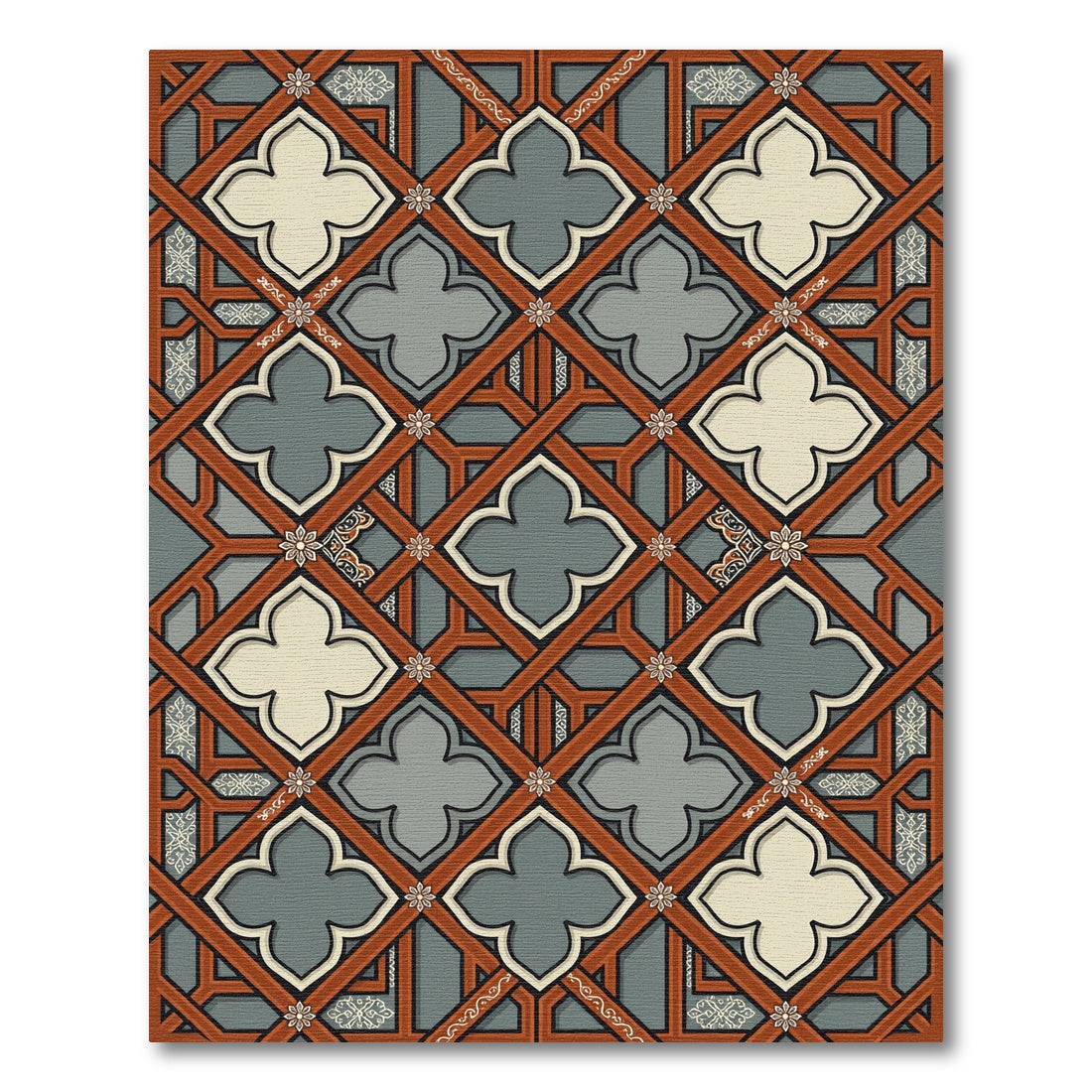 Ornate Burgundy Grey Quatrefoil Lattice Rug