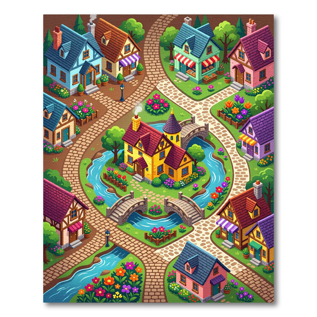 Whimsical Storybook Village Garden Landscape Rug
