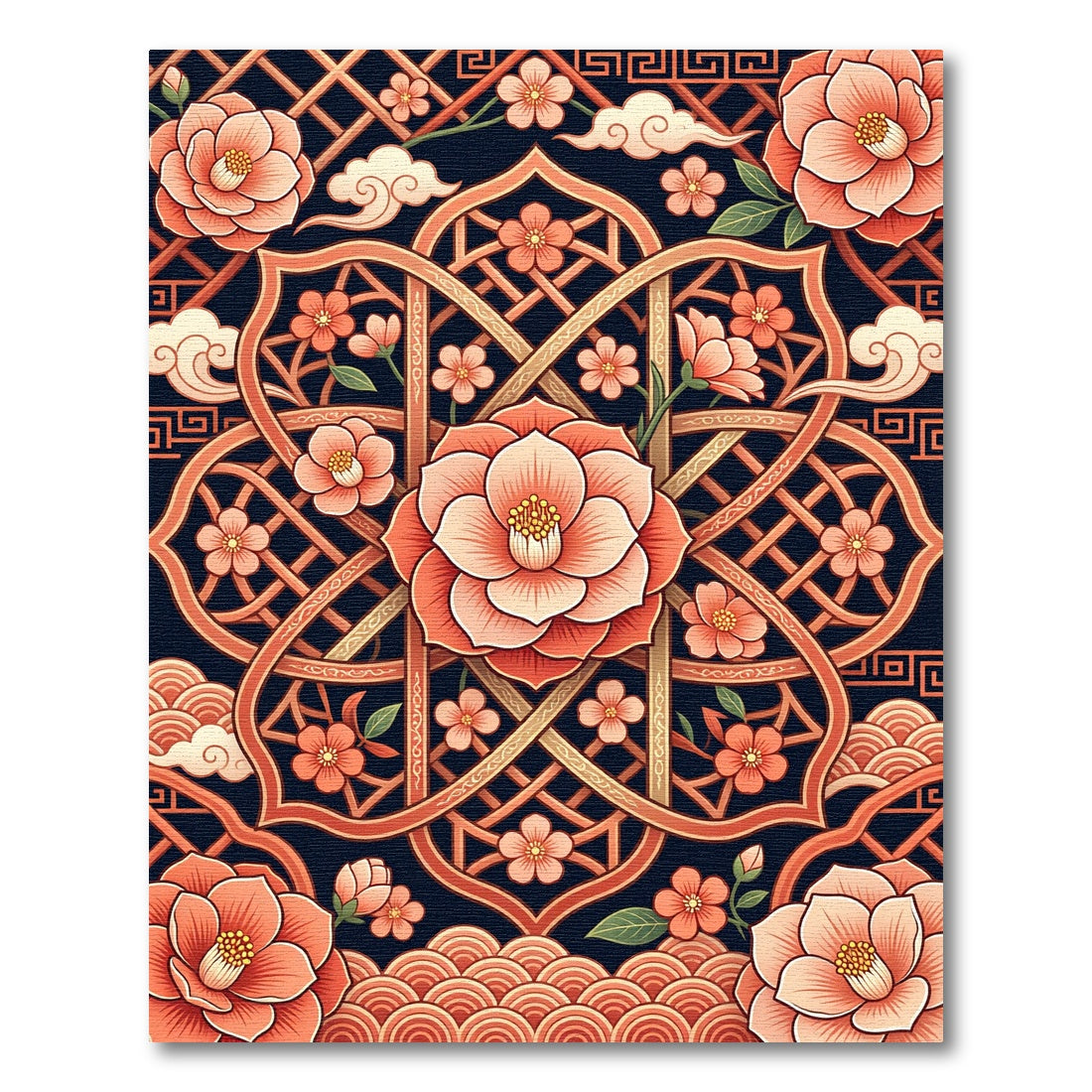 Elegant Coral Camellia Geometric Lattice Rug