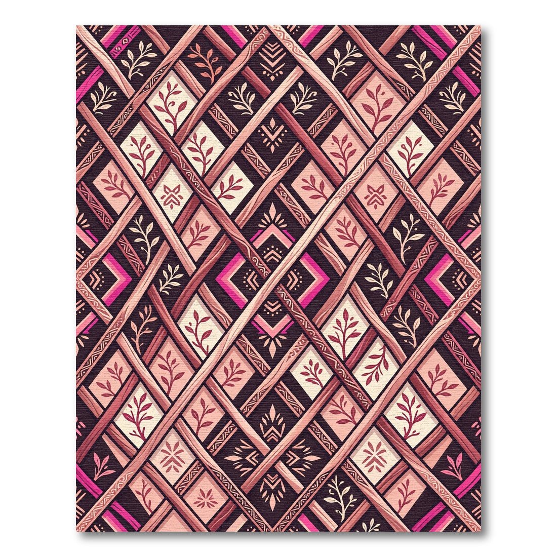 Warm Burgundy Boho Lattice Leaf Trellis Rug